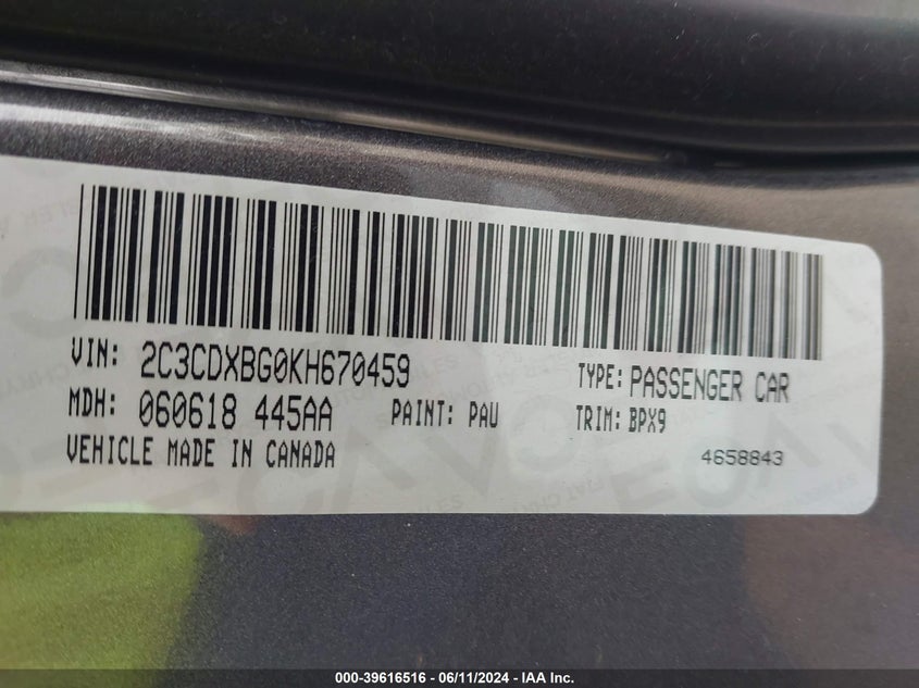 2019 Dodge Charger Sxt Rwd VIN: 2C3CDXBG0KH670459 Lot: 39616516