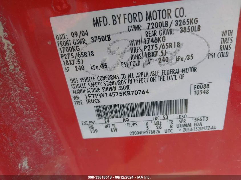 2005 Ford F150 Supercrew VIN: 1FTPW14575KB70764 Lot: 39616518