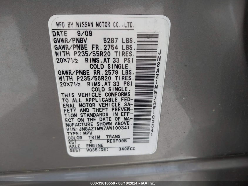 2010 Nissan Murano Le VIN: JN8AZ1MW7AW100341 Lot: 39616550