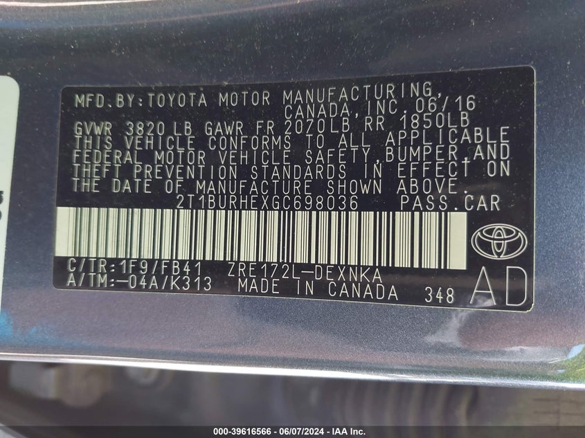 2016 Toyota Corolla Le Plus VIN: 2T1BURHEXGC698036 Lot: 39616566