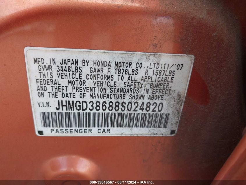 2008 Honda Fit Sport VIN: JHMGD38688S024820 Lot: 39616567
