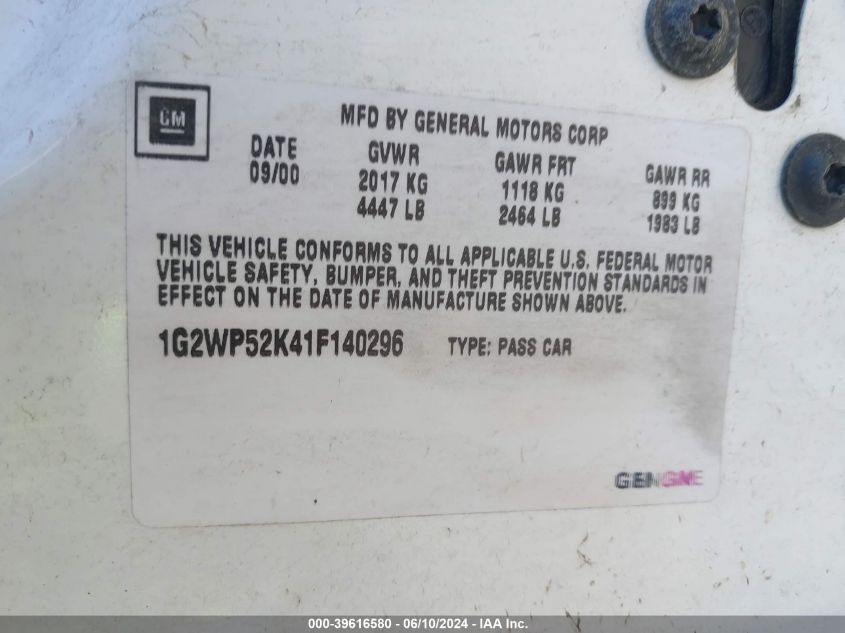 2001 Pontiac Grand Prix Gt VIN: 1G2WP52K41F140296 Lot: 39616580