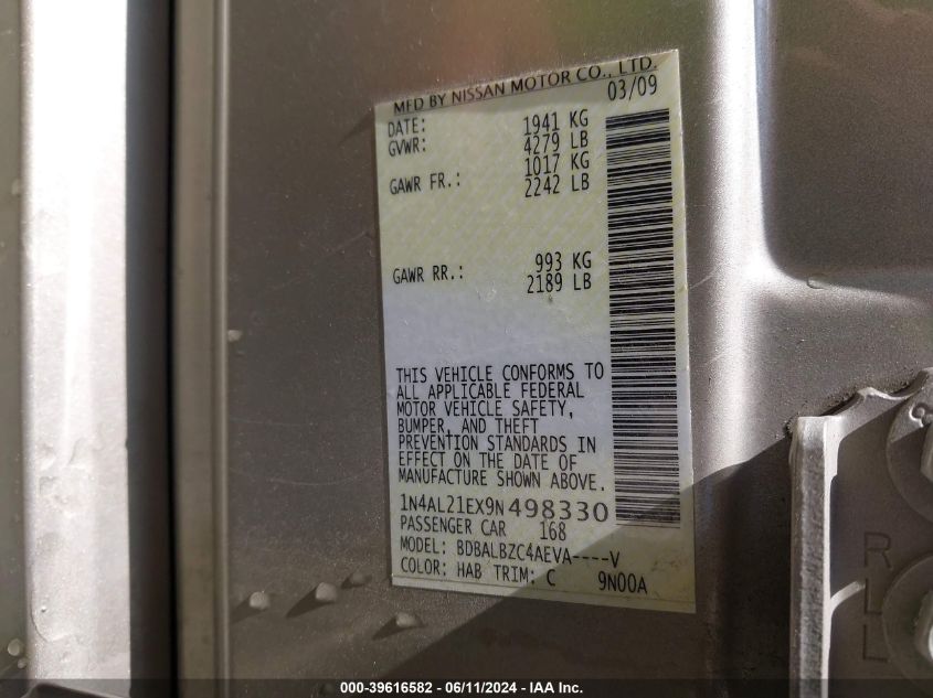 2009 Nissan Altima 2.5 S VIN: 1N4AL21EX9N498330 Lot: 39616582