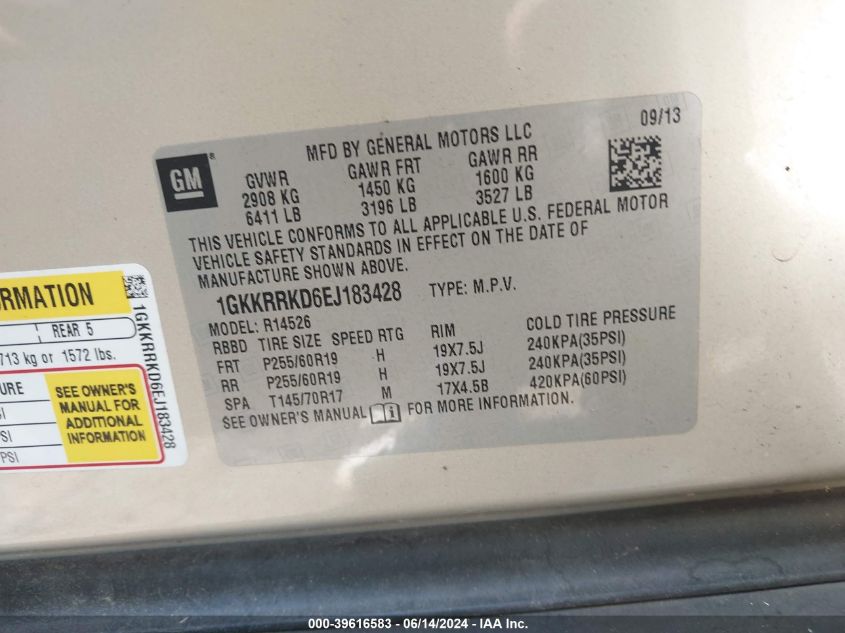 2014 GMC Acadia Slt-1 VIN: 1GKKRRKD6EJ183428 Lot: 39616583