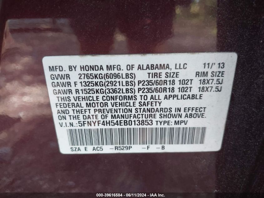 5FNYF4H54EB013853 2014 Honda Pilot Ex-L