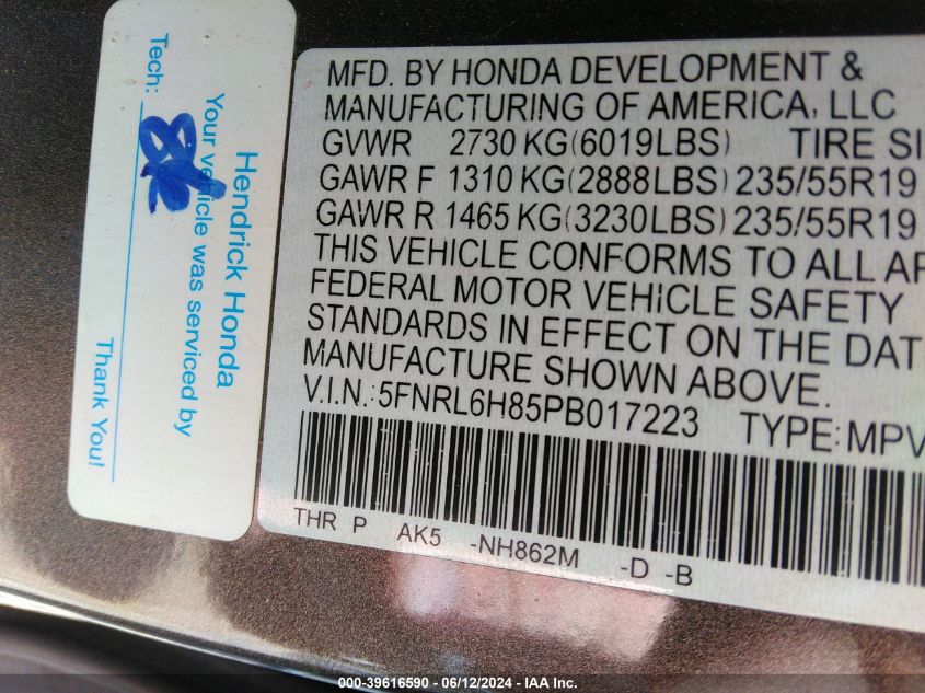 2023 Honda Odyssey Touring VIN: 5FNRL6H85PB017223 Lot: 39616590