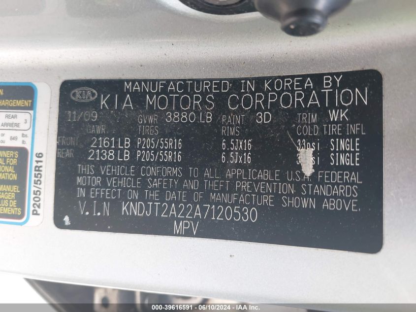 2010 Kia Soul + VIN: KNDJT2A22A7120530 Lot: 39616591