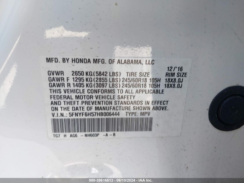 2017 Honda Pilot Ex-L VIN: 5FNYF6H57HB006444 Lot: 39616613