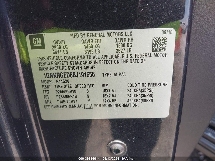 2011 Chevrolet Traverse 1Lt VIN: 1GNKRGED6BJ191656 Lot: 39616614