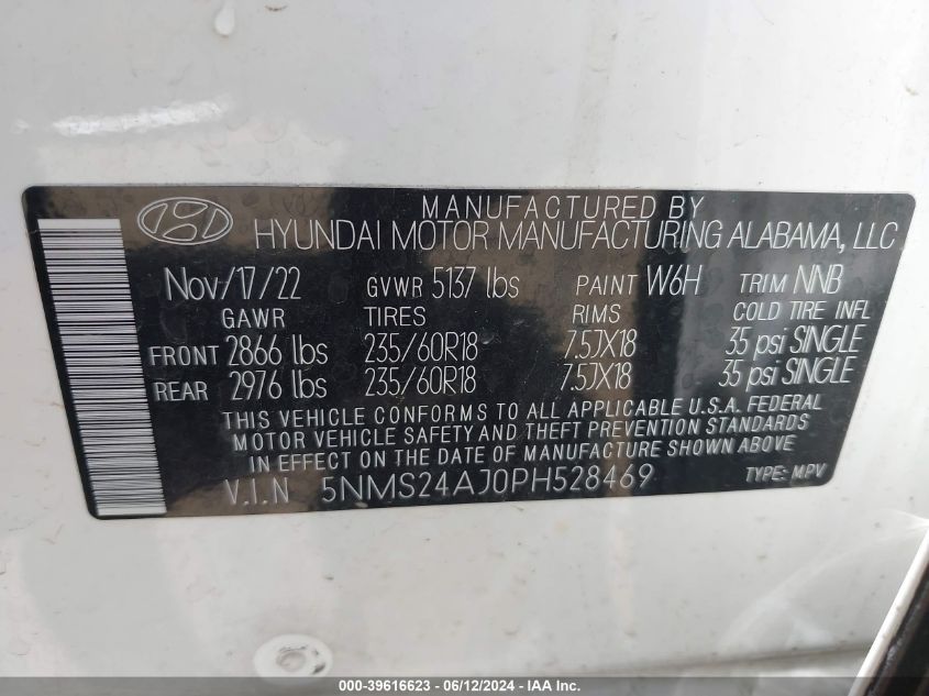 2023 Hyundai Santa Fe Sel VIN: 5NMS24AJ0PH528469 Lot: 39616623