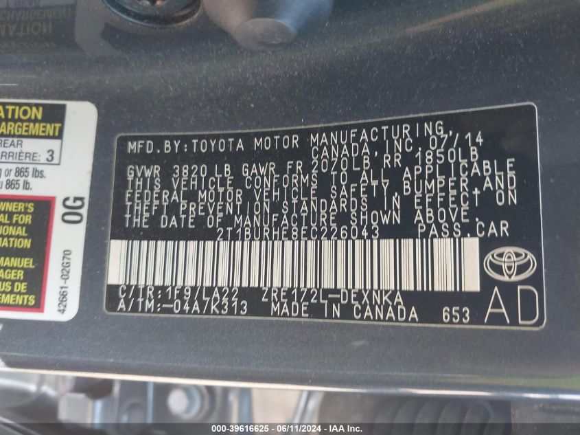 2014 Toyota Corolla Le Premium VIN: 2T1BURHE8EC226043 Lot: 39616625