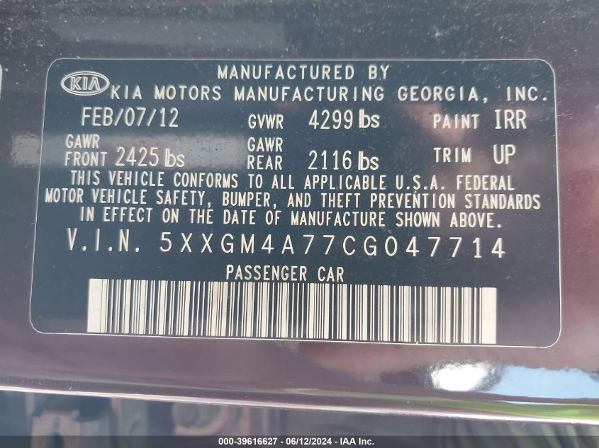 2012 Kia Optima Lx VIN: 5XXGM4A77CG047714 Lot: 39616627