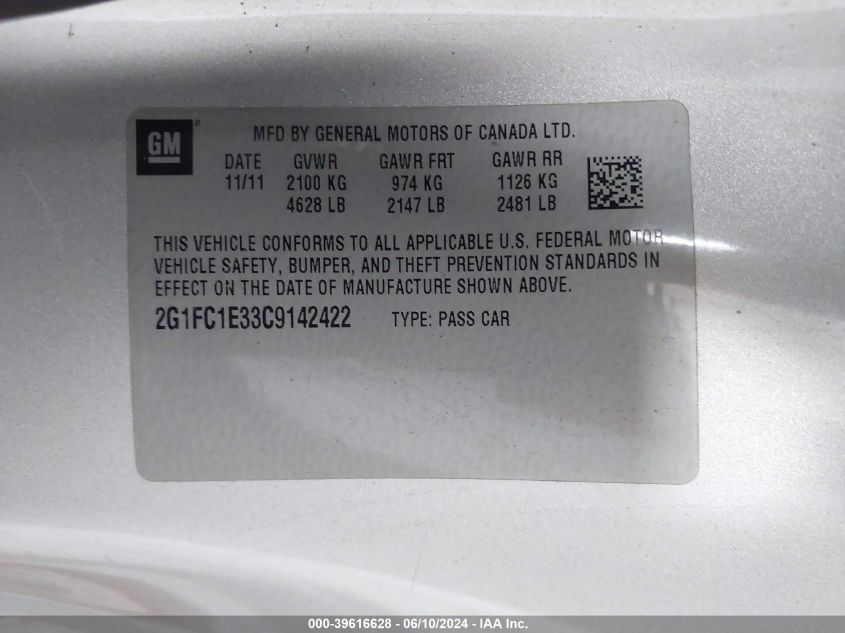 2012 Chevrolet Camaro 2Lt VIN: 2G1FC1E33C9142422 Lot: 39616628