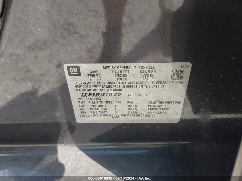2016 Chevrolet Silverado 1500 1Lt VIN: 1GCVKREC3GZ179213 Lot: 39616636