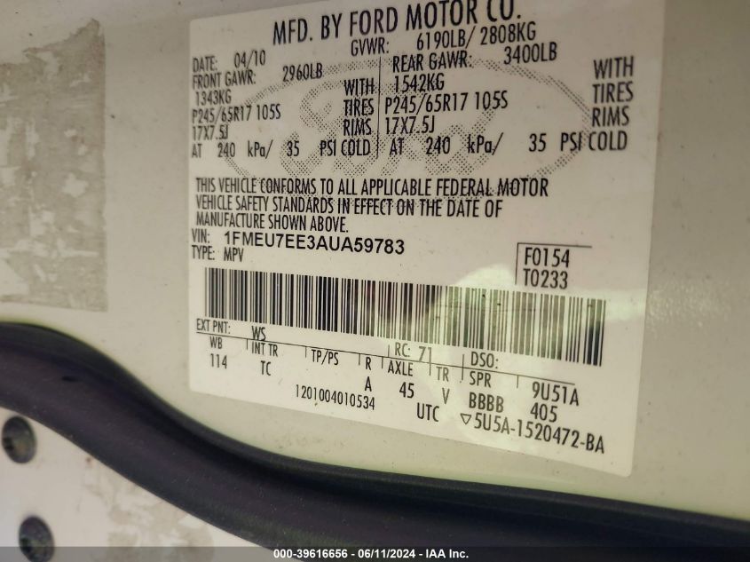 2010 Ford Explorer Eddie Bauer VIN: 1FMEU7EE3AUA59783 Lot: 39616656