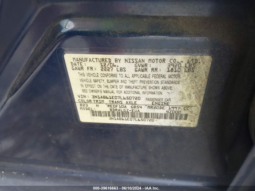 2007 Nissan Sentra 2.0Sl VIN: 3N1AB61E07L650720 Lot: 39616663