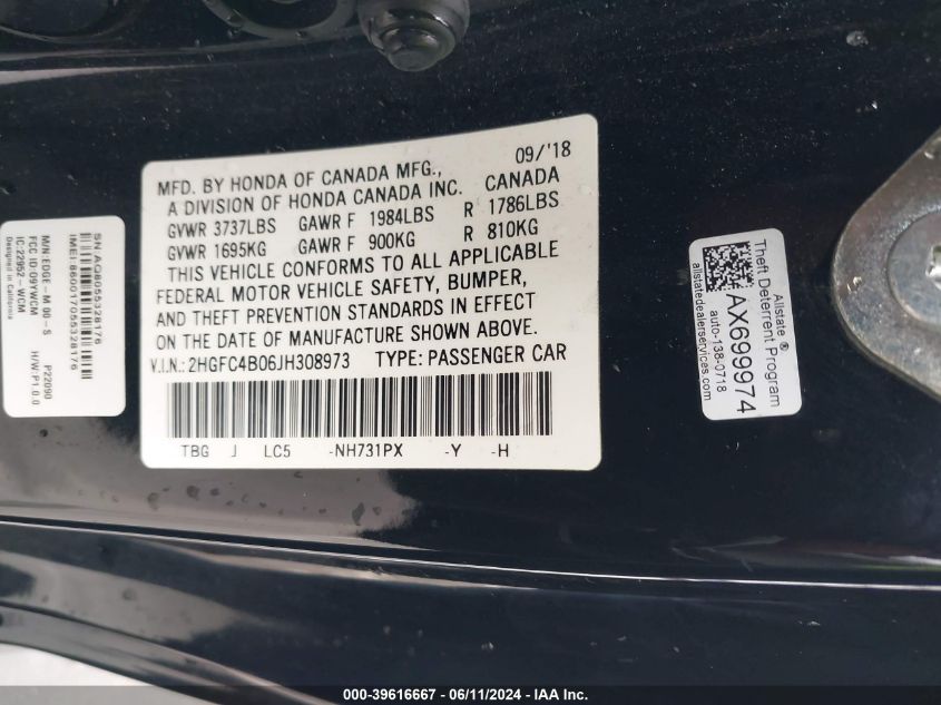 2018 Honda Civic Lx VIN: 2HGFC4B06JH308973 Lot: 39616667