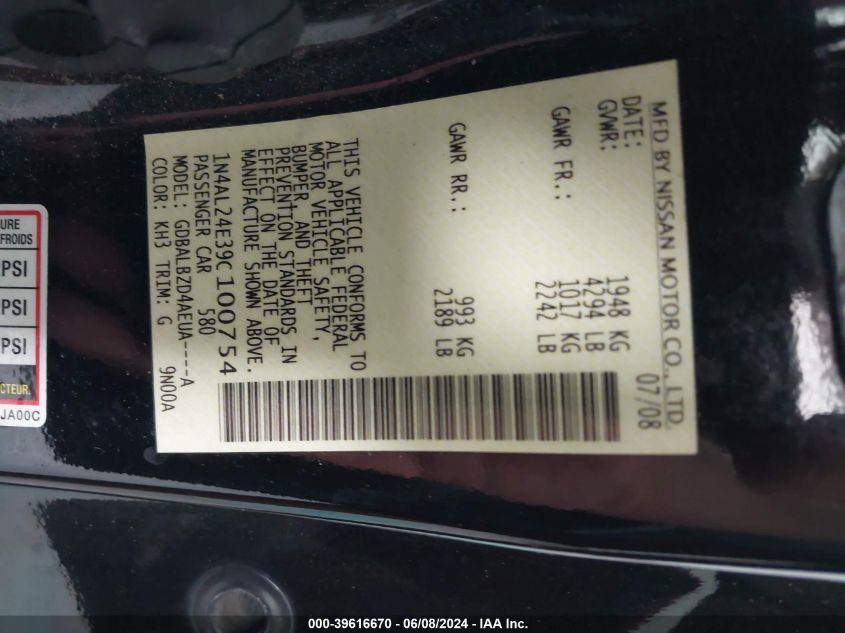 2009 Nissan Altima 2.5 S VIN: 1N4AL24E39C100754 Lot: 39616670