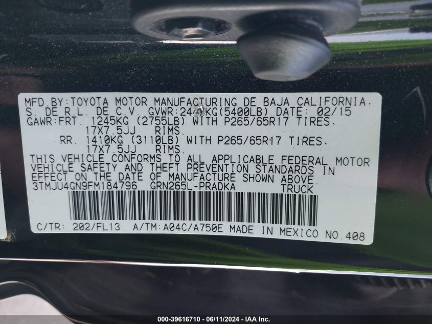 2015 Toyota Tacoma Prerunner V6 VIN: 3TMJU4GN9FM184796 Lot: 39616710