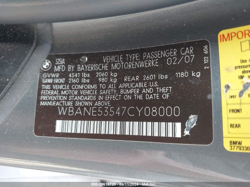2007 BMW 525I VIN: WBANE53547CY08000 Lot: 39616720
