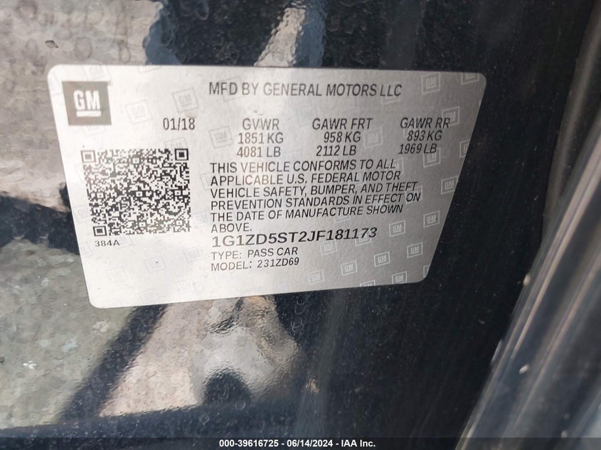 2018 Chevrolet Malibu Lt VIN: 1G1ZD5ST2JF181173 Lot: 39616725