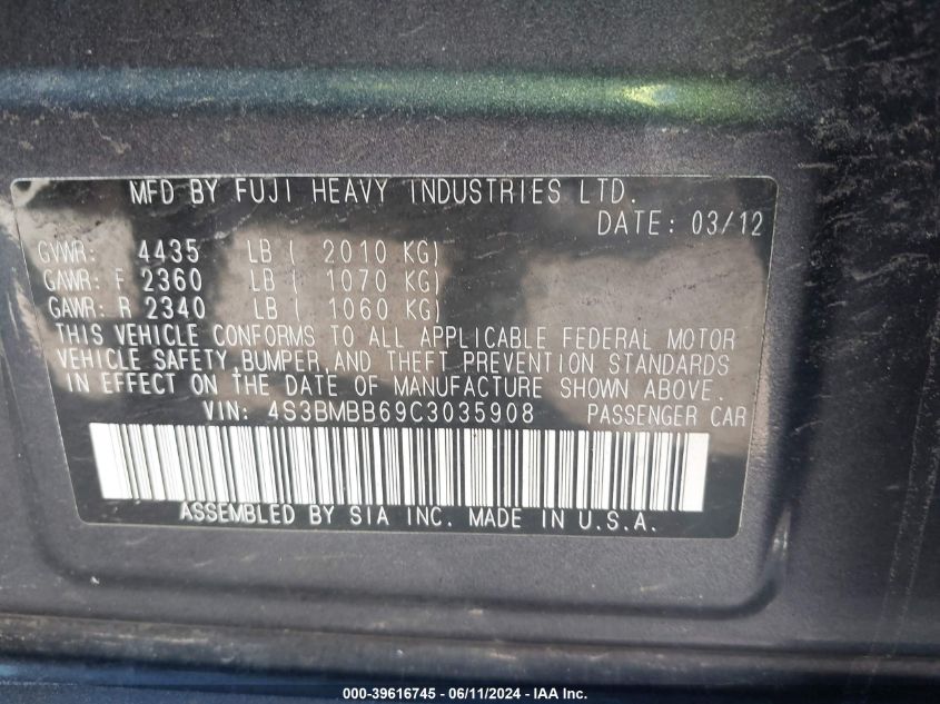 2012 Subaru Legacy 2.5I Premium VIN: 4S3BMBB69C3035908 Lot: 39616745