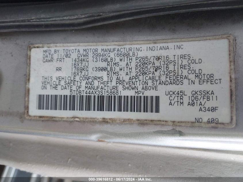 2003 Toyota Sequoia Sr5 V8 VIN: 5TDBT44AX3S158681 Lot: 39616812