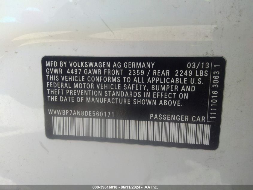 2013 Volkswagen Cc 2.0T Sport VIN: WVWBP7AN8DE560171 Lot: 39616818