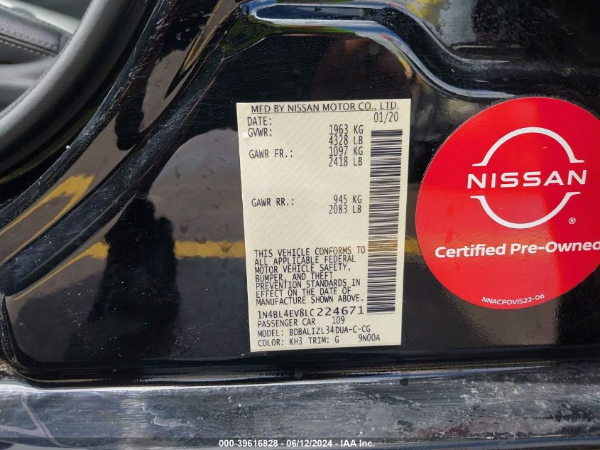 2020 Nissan Altima Sl Fwd VIN: 1N4BL4EV8LC224671 Lot: 39616828