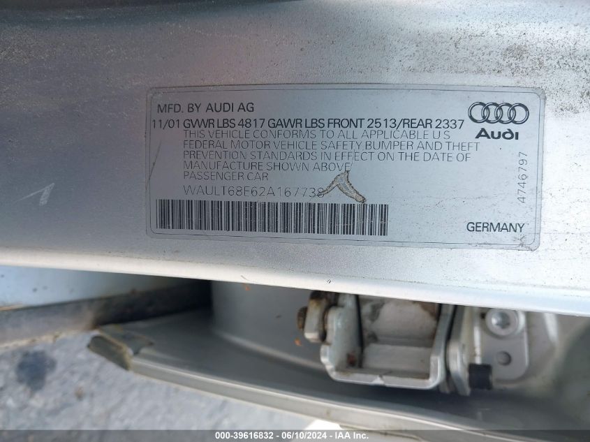 2002 Audi A4 3.0 VIN: WAULT68E62A167738 Lot: 39616832