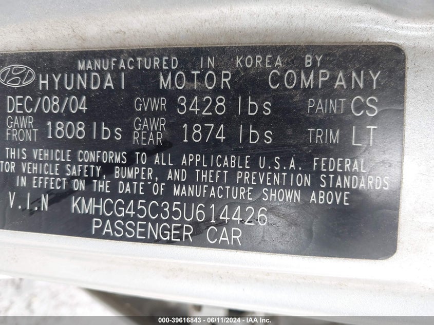 2005 Hyundai Accent Gls VIN: KMHCG45C35U614426 Lot: 39616843