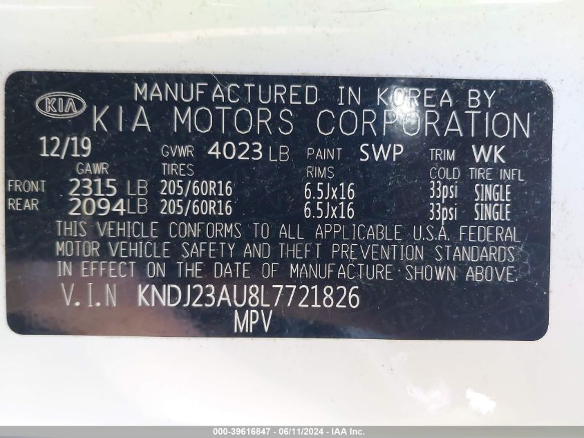 2020 Kia Soul S VIN: KNDJ23AU8L7721826 Lot: 39616847