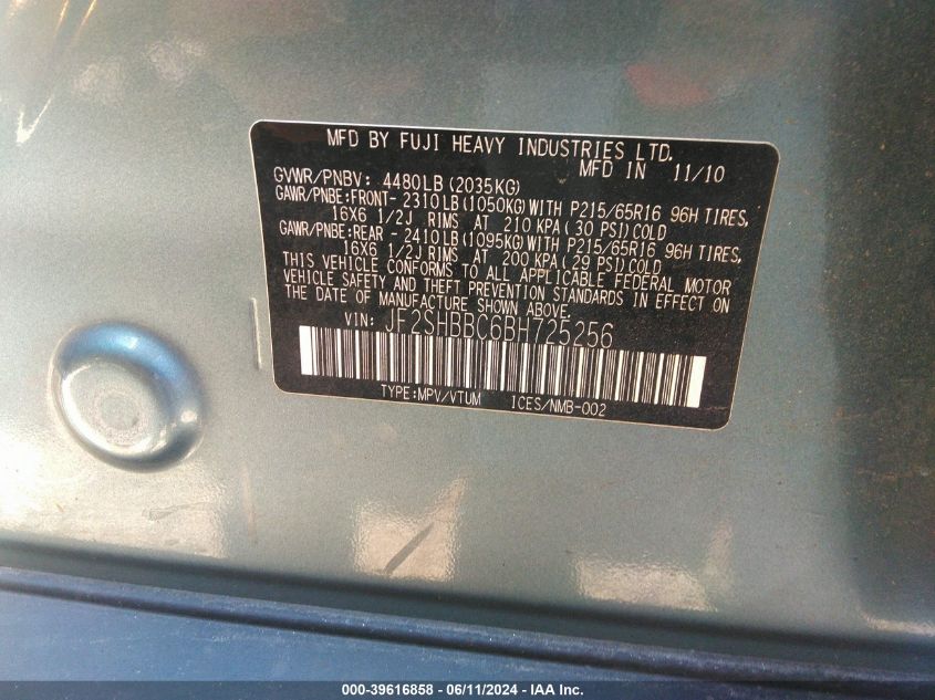 2011 Subaru Forester 2.5X VIN: JF2SHBBC6BH725256 Lot: 39616858