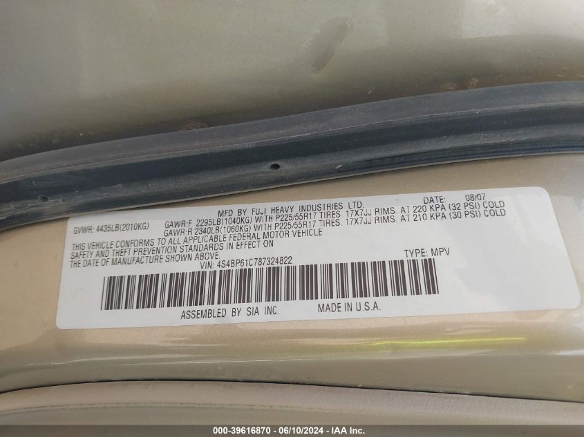 2008 Subaru Outback 2.5I/2.5I L.l. Bean Edition VIN: 4S4BP61C787324822 Lot: 39616870