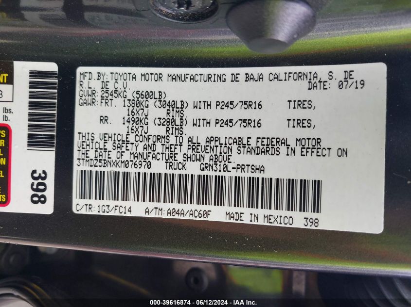 2019 Toyota Tacoma Sr5 V6 VIN: 3TMDZ5BNXKM076970 Lot: 39616874