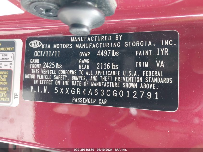 2012 Kia Optima Sx VIN: 5XXGR4A63CG012791 Lot: 39616880