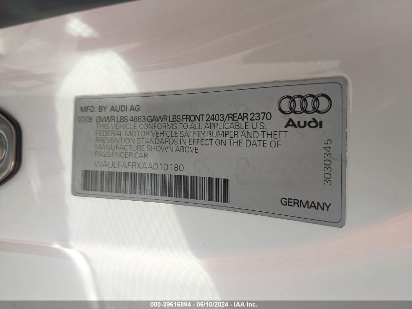 2010 Audi A5 2.0T Premium VIN: WAULFAFRXAA010180 Lot: 39616894