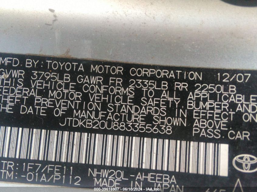 2008 Toyota Prius VIN: JTDKB20U883355638 Lot: 39616907