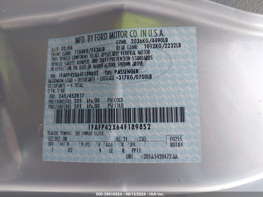 2004 Ford Mustang Gt VIN: 1FAFP42X64F189852 Lot: 39616924