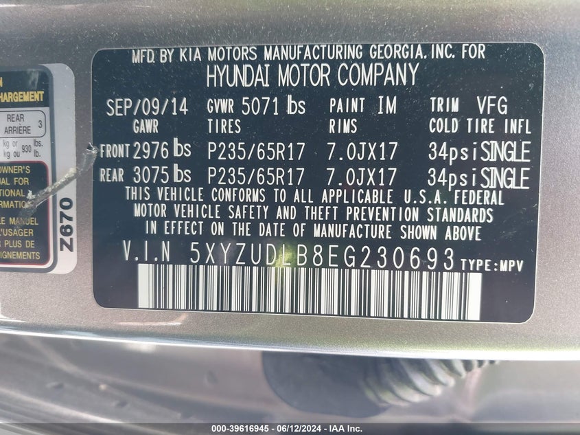 2014 Hyundai Santa Fe Sport 2.4L VIN: 5XYZUDLB8EG230693 Lot: 39616945