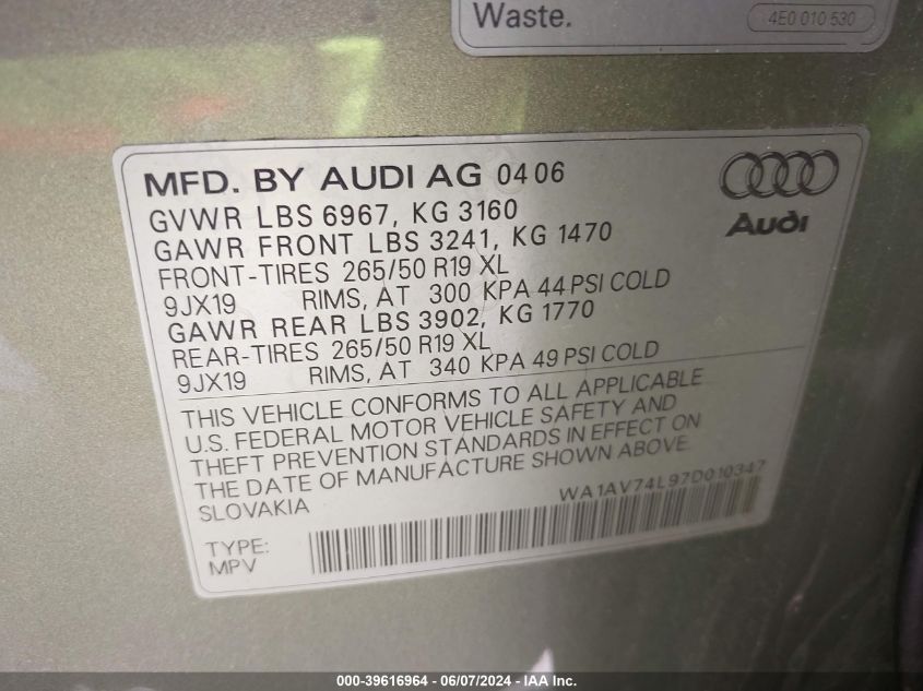 2007 Audi Q7 4.2 VIN: WA1AV74L97D010347 Lot: 39616964