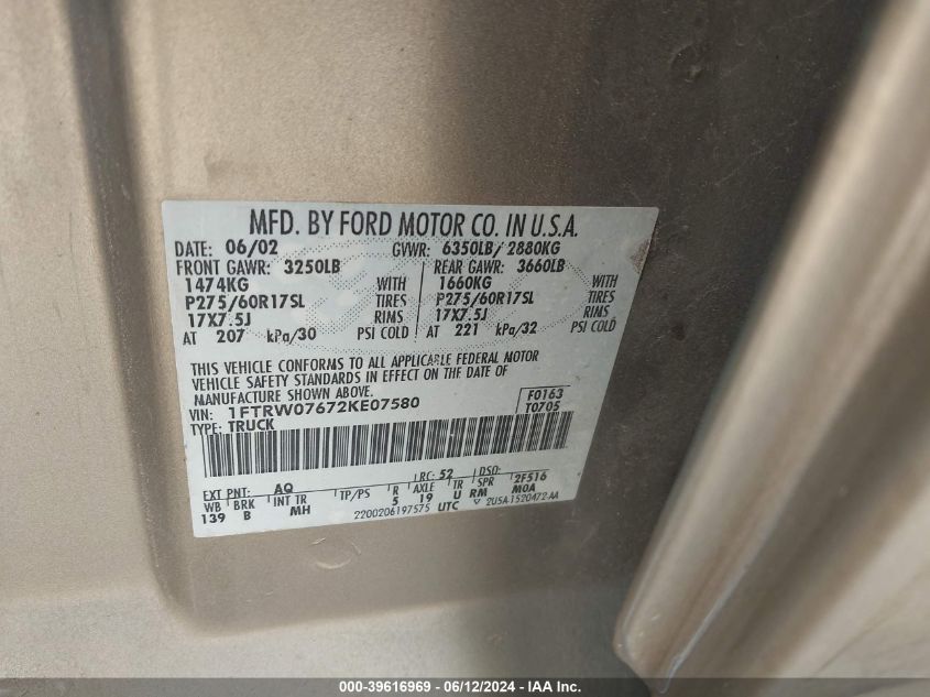 2002 Ford F-150 Lariat/Xlt VIN: 1FTRW07672KE07580 Lot: 39616969