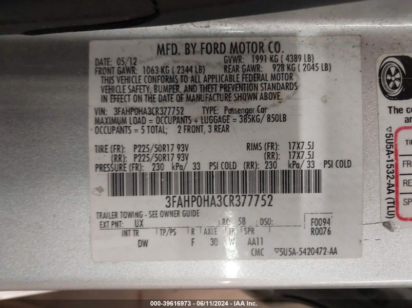 2012 Ford Fusion Se VIN: 3FAHP0HA3CR377752 Lot: 39616973