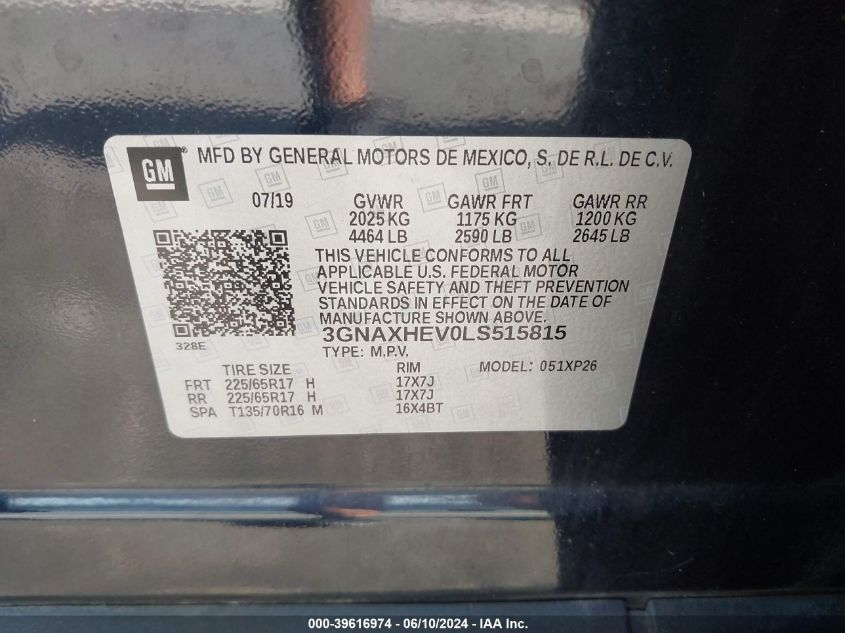 2020 Chevrolet Equinox Fwd Ls VIN: 3GNAXHEV0LS515815 Lot: 39616974