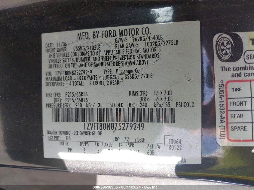 2007 Ford Mustang V6 Deluxe/V6 Premium VIN: 1ZVFT80N875279249 Lot: 39616985
