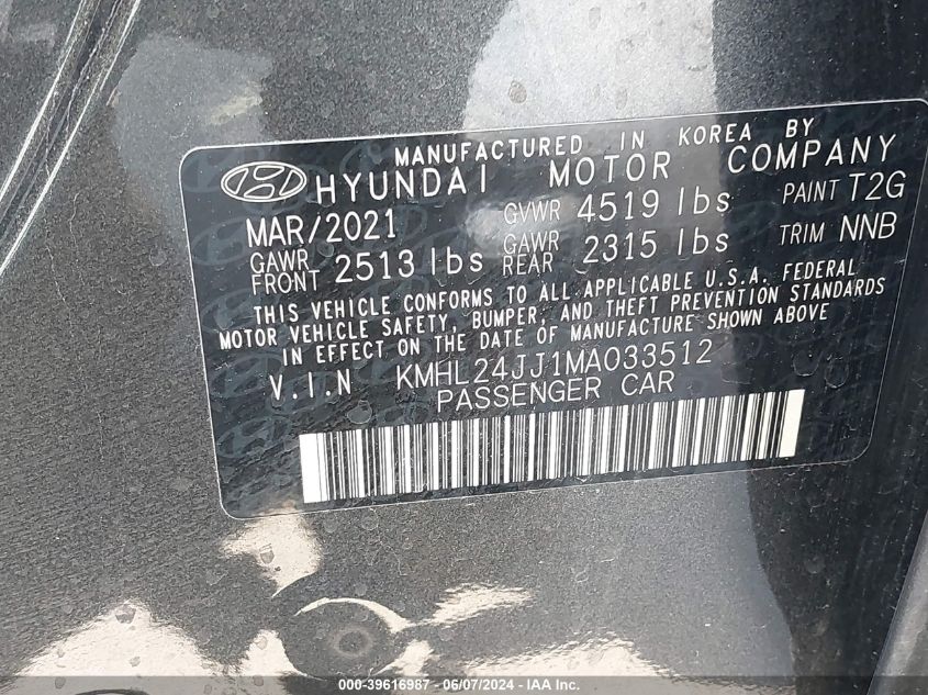 2021 Hyundai Sonata Blue VIN: KMHL24JJ1MA033512 Lot: 39616987