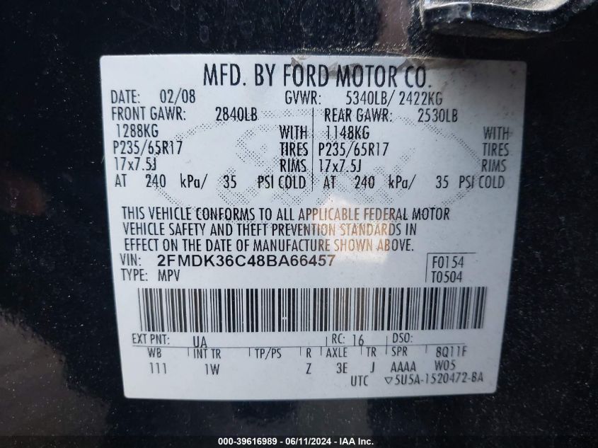 2008 Ford Edge Se VIN: 2FMDK36C48BA66457 Lot: 39616989