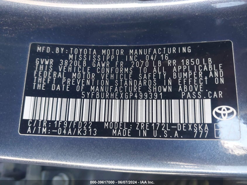 2016 Toyota Corolla S Plus VIN: 5YFBURHEXGP499391 Lot: 39617000