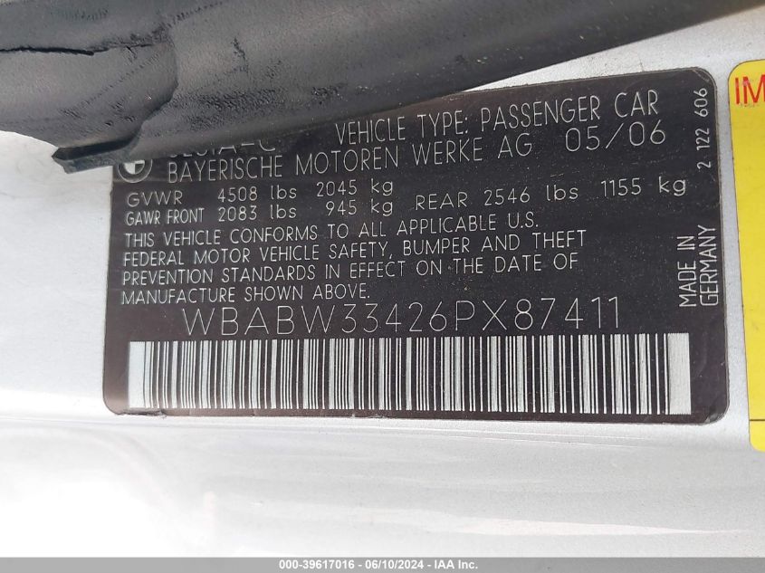 2006 BMW 325Ci VIN: WBABW33426PX87411 Lot: 39617016