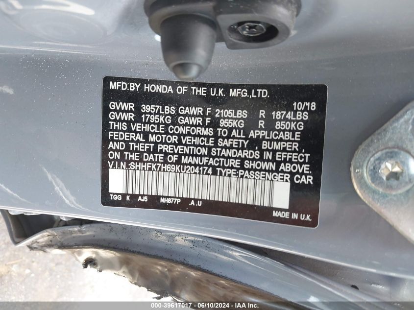 2019 Honda Civic Ex VIN: SHHFK7H69KU204174 Lot: 39617017